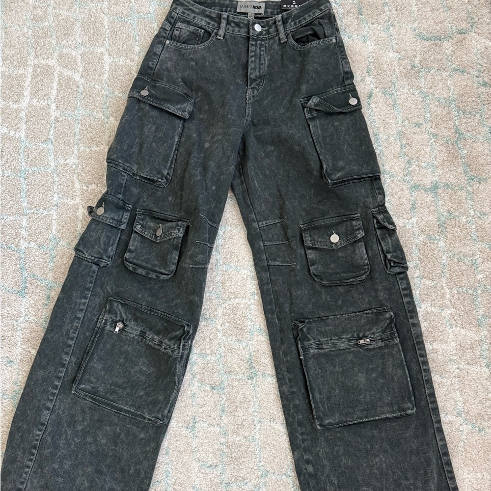 Fashion Nova Acid Wash Cargo Jeans.